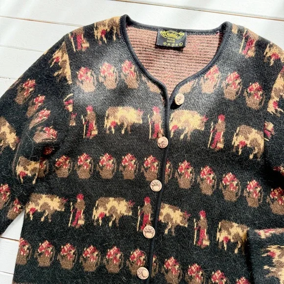 Vitabella of Norway vtg black wool farm animal‎ cardigan sweater